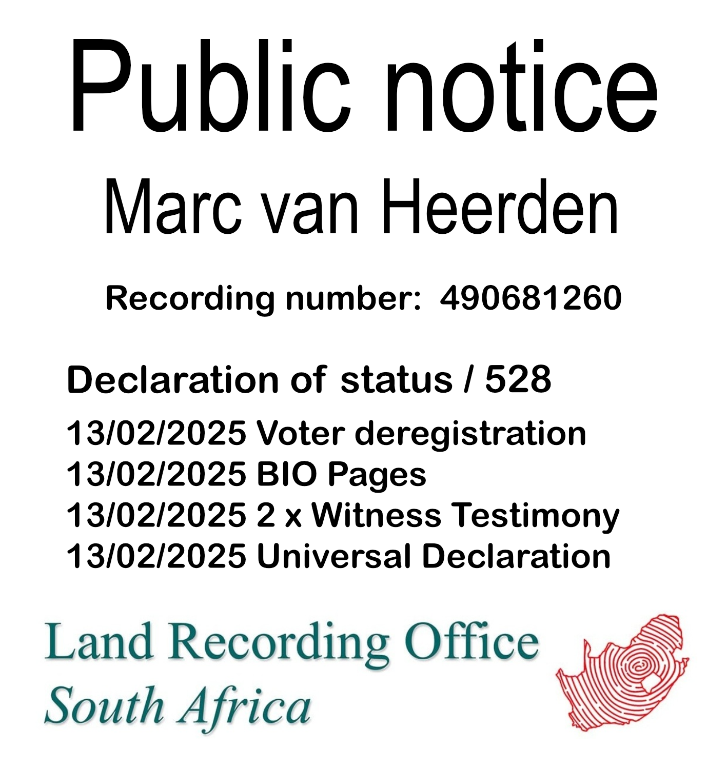 Public notice Marc van Heerden Recording number 490681260